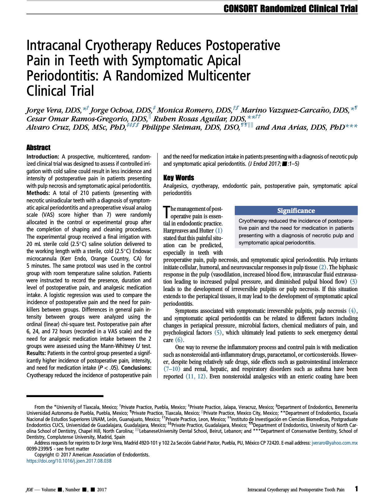 Intracanal Cryotherapy Reduces Postoperative Pain in Teeth with Symptomatic Apical Periodontitis: A Randomized Multicenter Clinical Trial