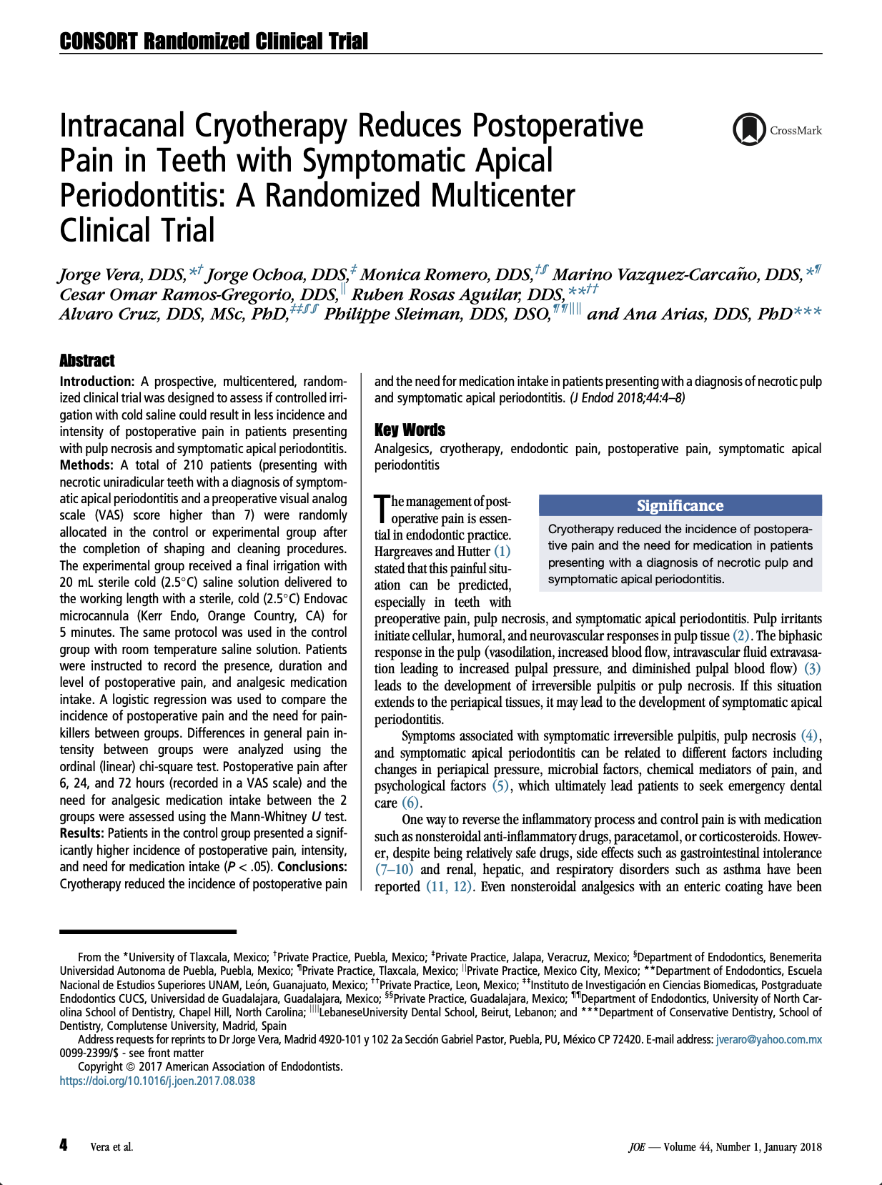 Intracanal Cryotherapy Reduces Postoperative Pain in Teeth with Symptomatic Apical Periodontitis: A Randomized Multicenter Clinical Trial